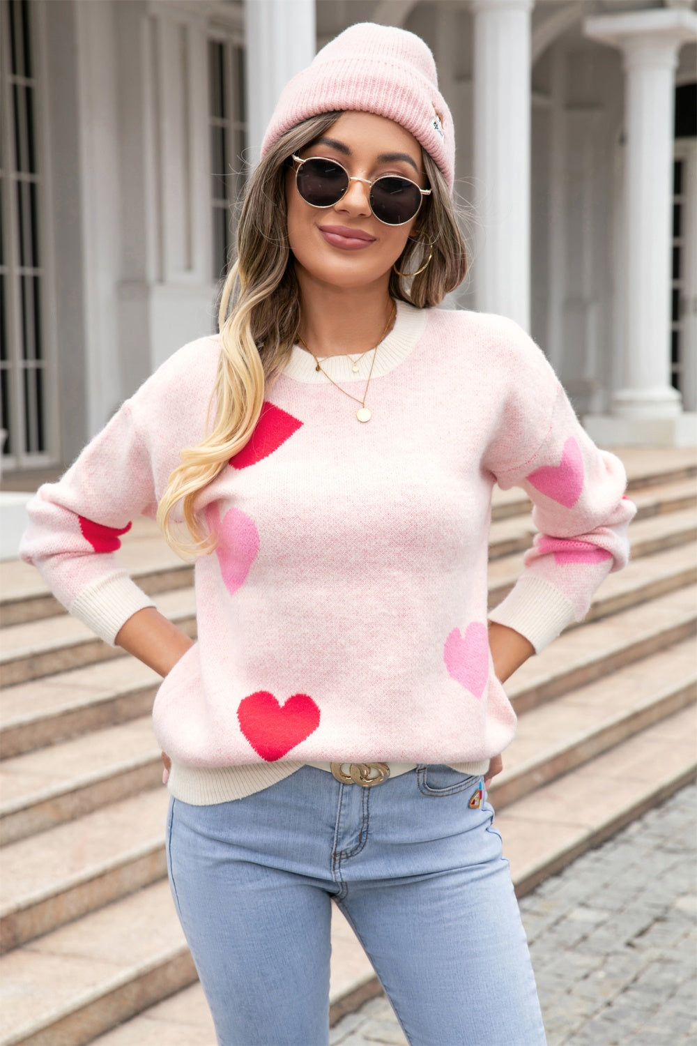 Heart Round Neck Droppped Shoulder Sweater