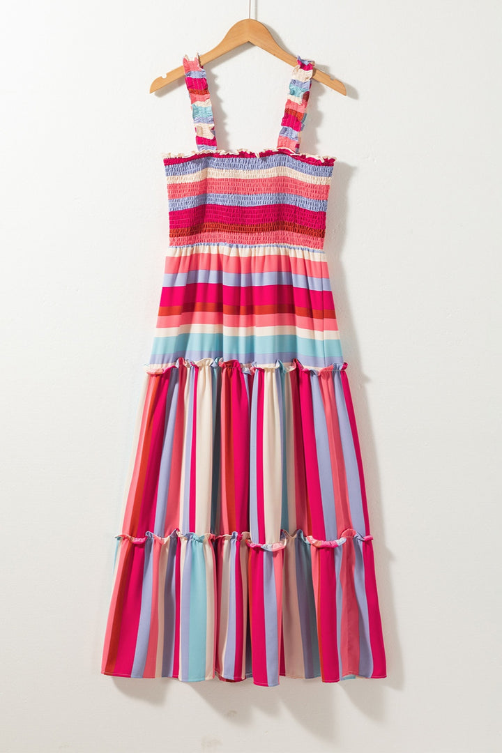 Striped Frill Smocked Tiered Midi Dress