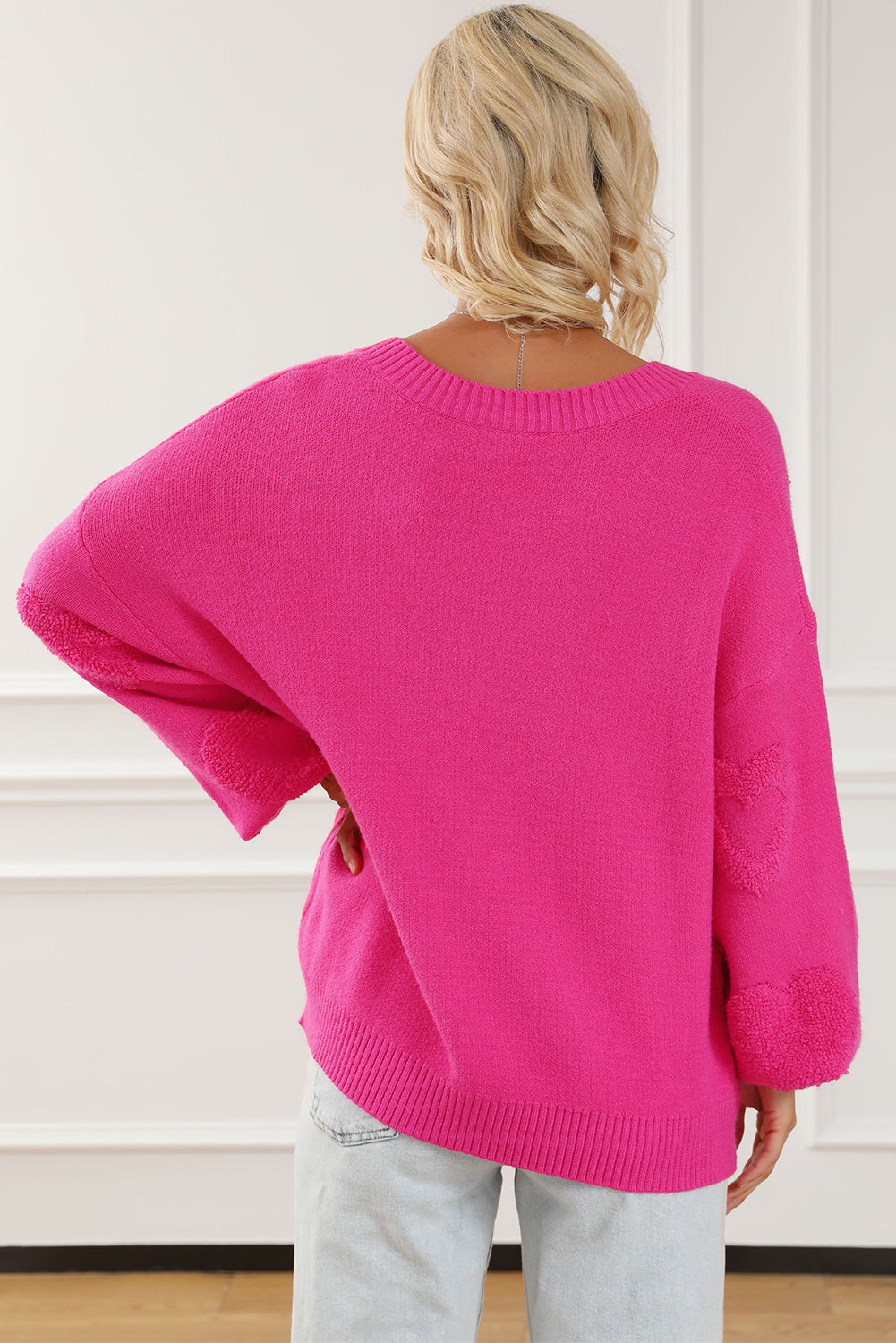 Rose Red Pearl Embellished Fuzzy Hearts V Neck Sweater