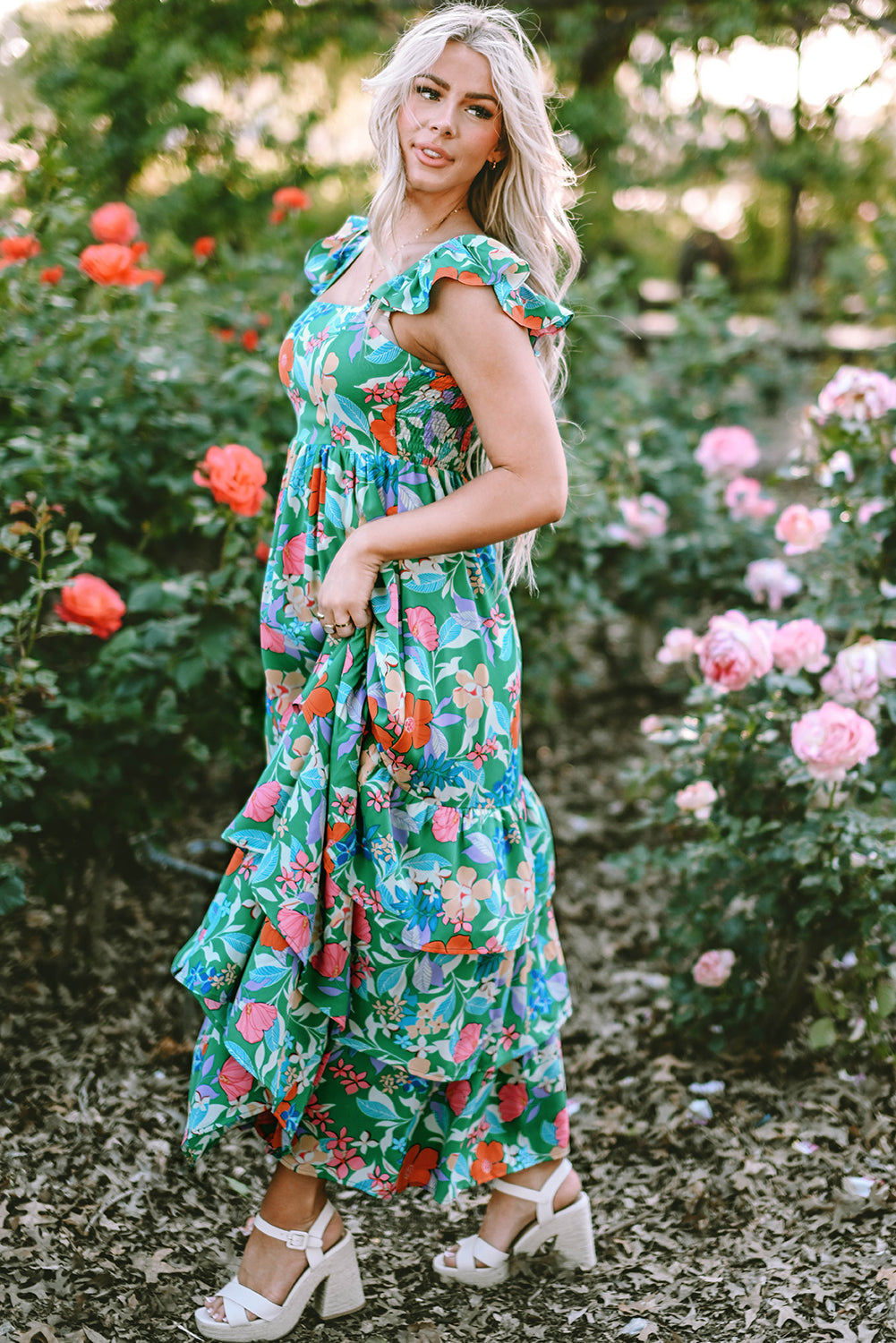 Pink Floral Print Sleeveless Ruffle Tiered Maxi Dress