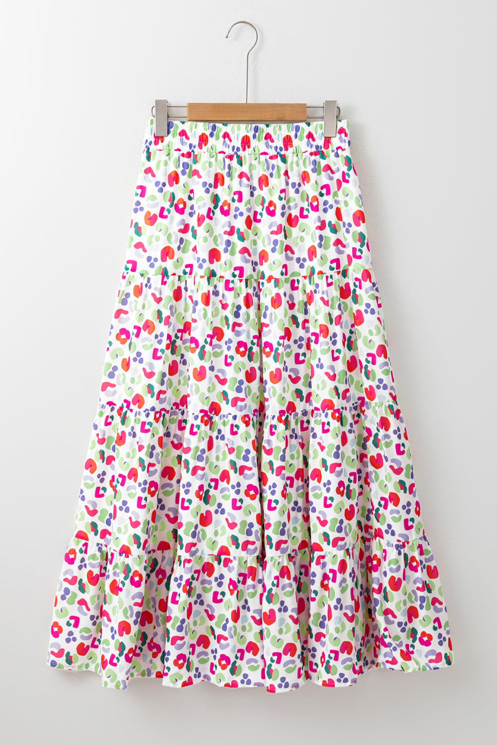 Pink Abstract Print Tiered Flowy Maxi Skirt