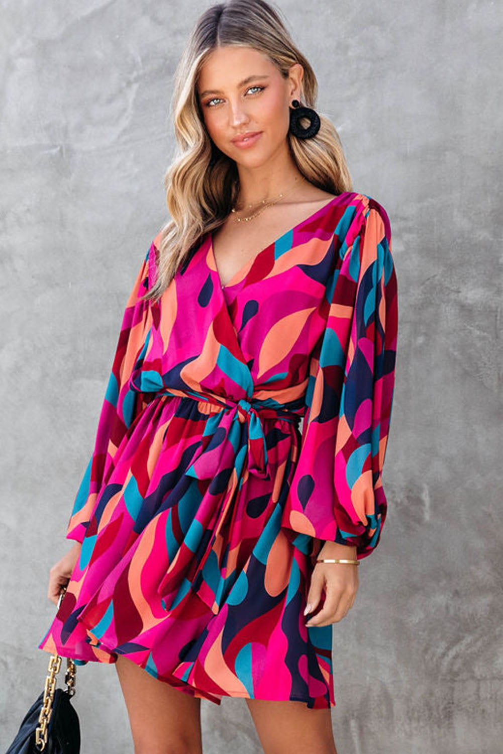 Multicolor Abstract Printed Belted Puff Sleeve Mini Dress