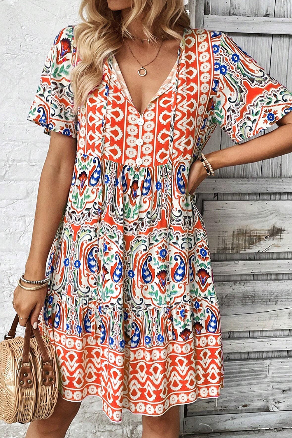 Sky Blue Bohemian Print Tie Neck Ruffle Hem Short Dress