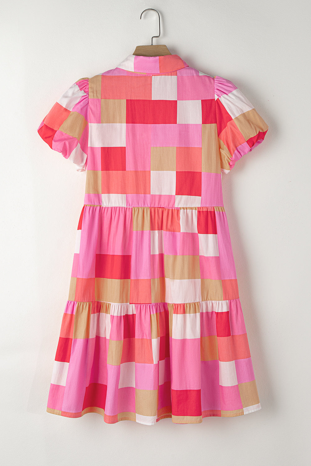 Pink Plaid Print Puff Sleeve Buttoned Tiered Dress