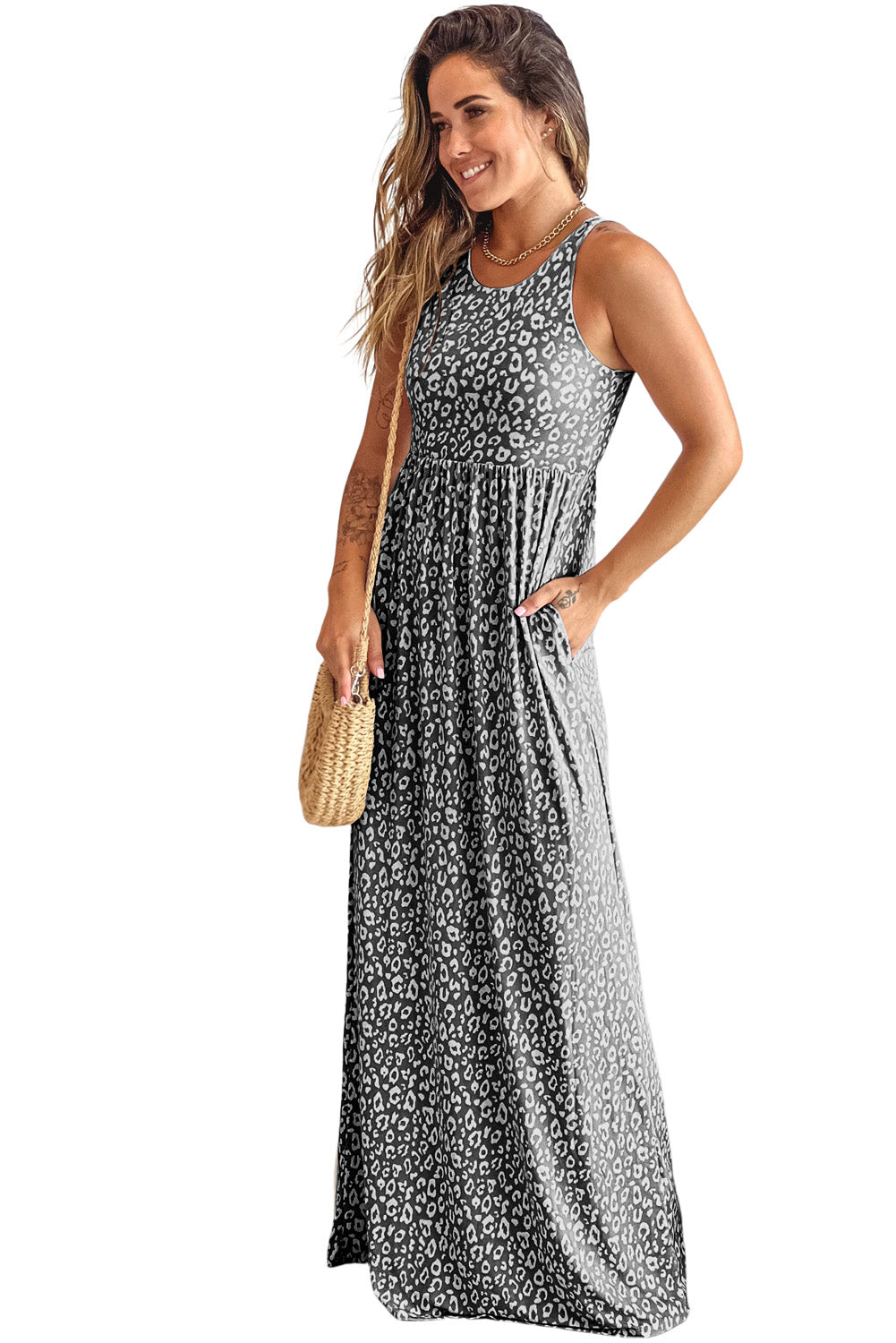 Pink Leopard Print Pocketed Sleeveless Maxi Dress