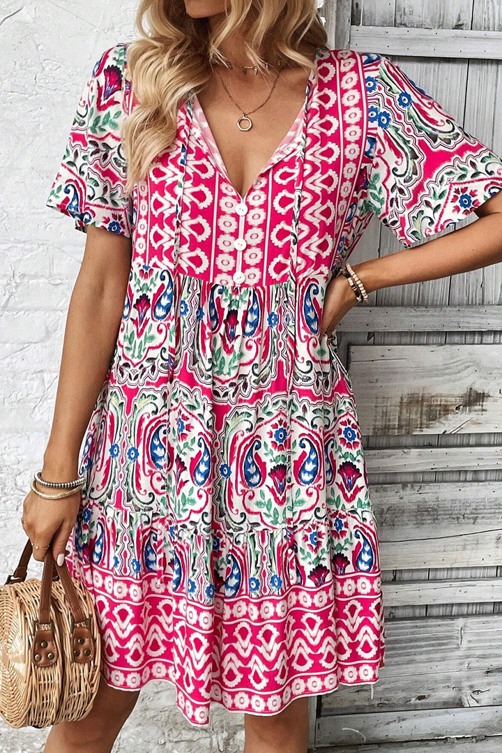 Sky Blue Bohemian Print Tie Neck Ruffle Hem Short Dress