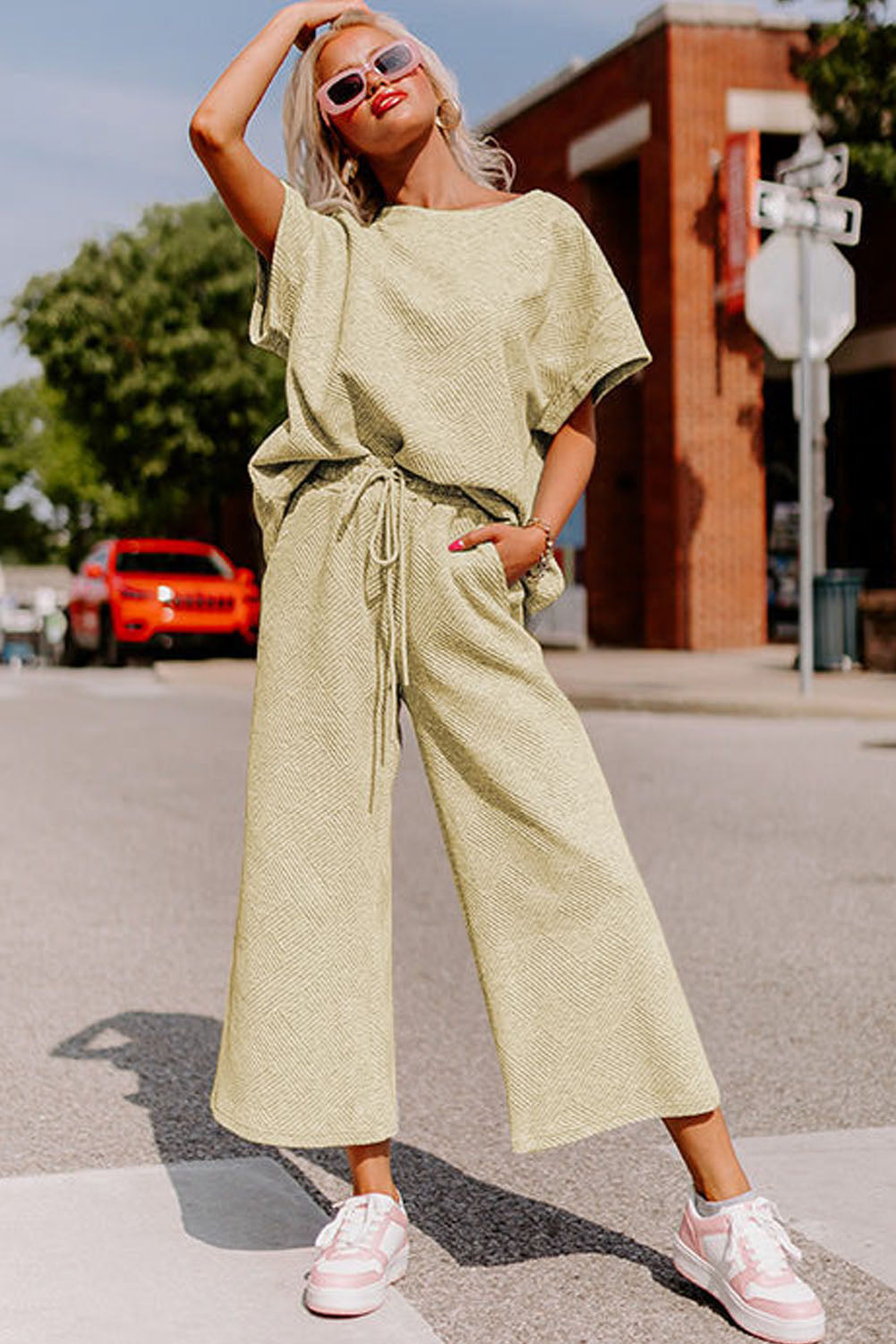 Dark Green Textured Loose Fit T Shirt and Drawstring Pants Set