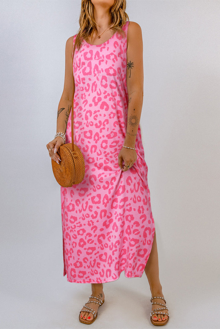 Gray Leopard Print Sleeveless Maxi Dress