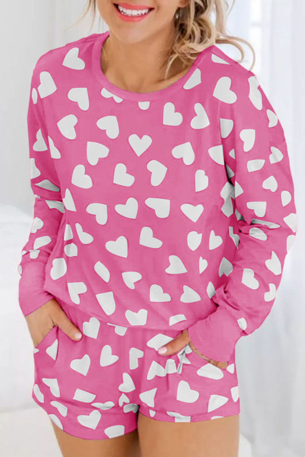 Pink Valentine Heart Shape Print Long Sleeve Top Shorts Lounge Set