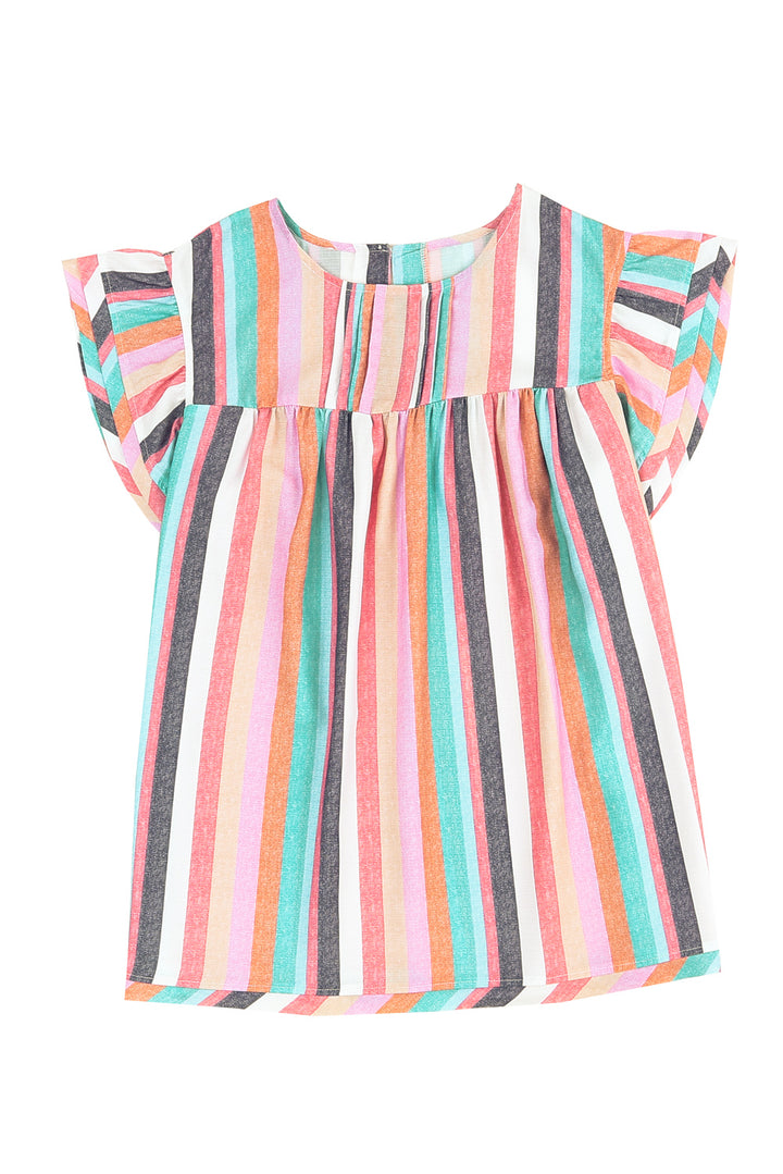 Rose Striped Tiered Ruffle Cap Sleeve Top