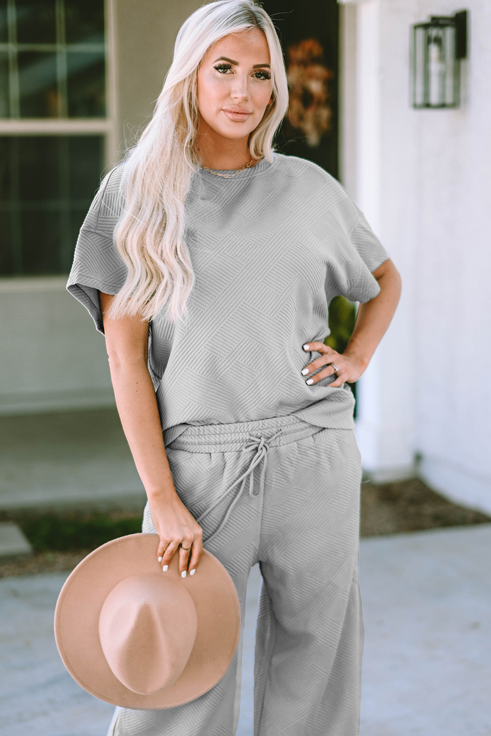 Dark Green Textured Loose Fit T Shirt and Drawstring Pants Set