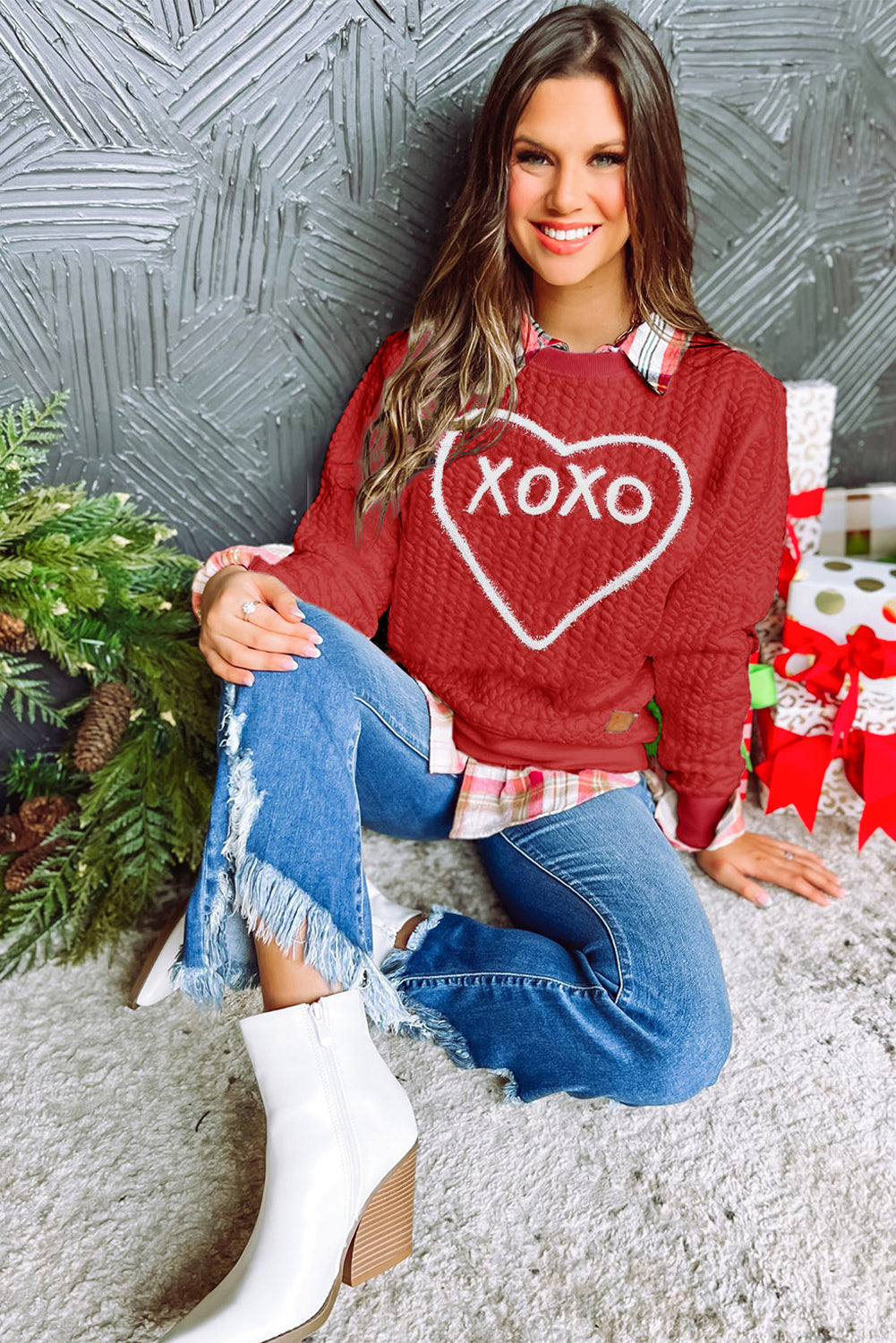 Racing Red Heart XOXO Chenille Embroidered Textured Sweatshirt