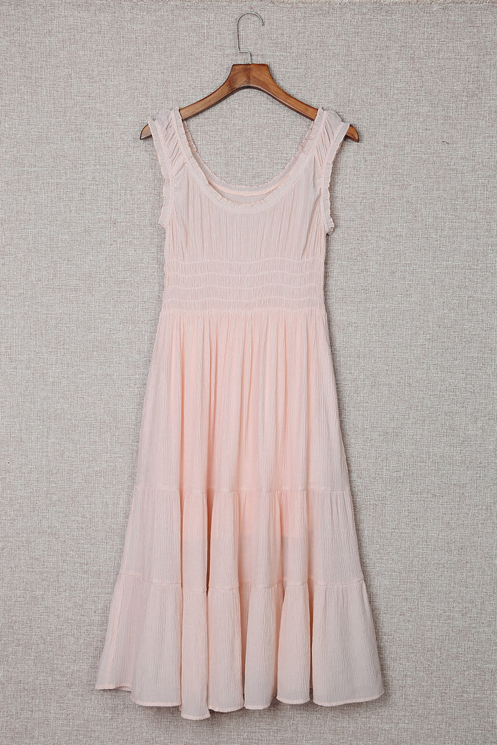 Apricot Smocked Ruched Sleeveless High Waist Midi Dress