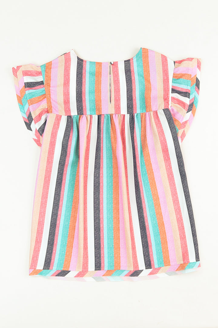 Rose Striped Tiered Ruffle Cap Sleeve Top