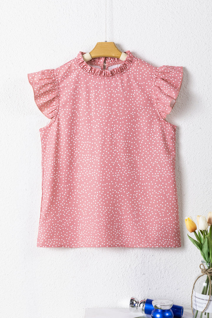 Pink Polka Dots Ruffle Flutter Sleeve Frilled Neck Blouse