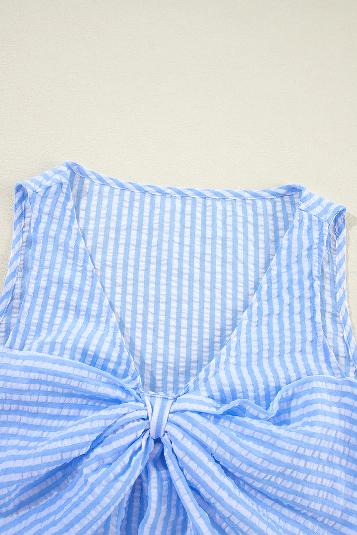 Sky Blue Stripe V Neck Bowknot Crop Tank and Shorts Set