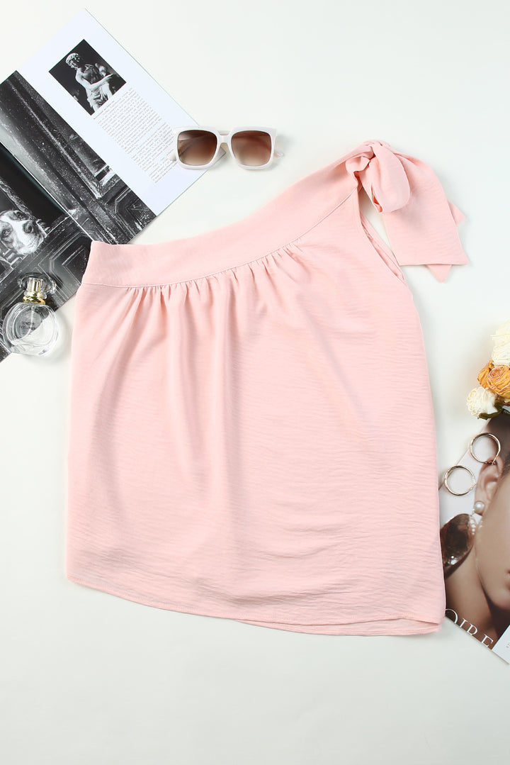 Pink Asymmetric Tie On Shoulder Sleeveless Top