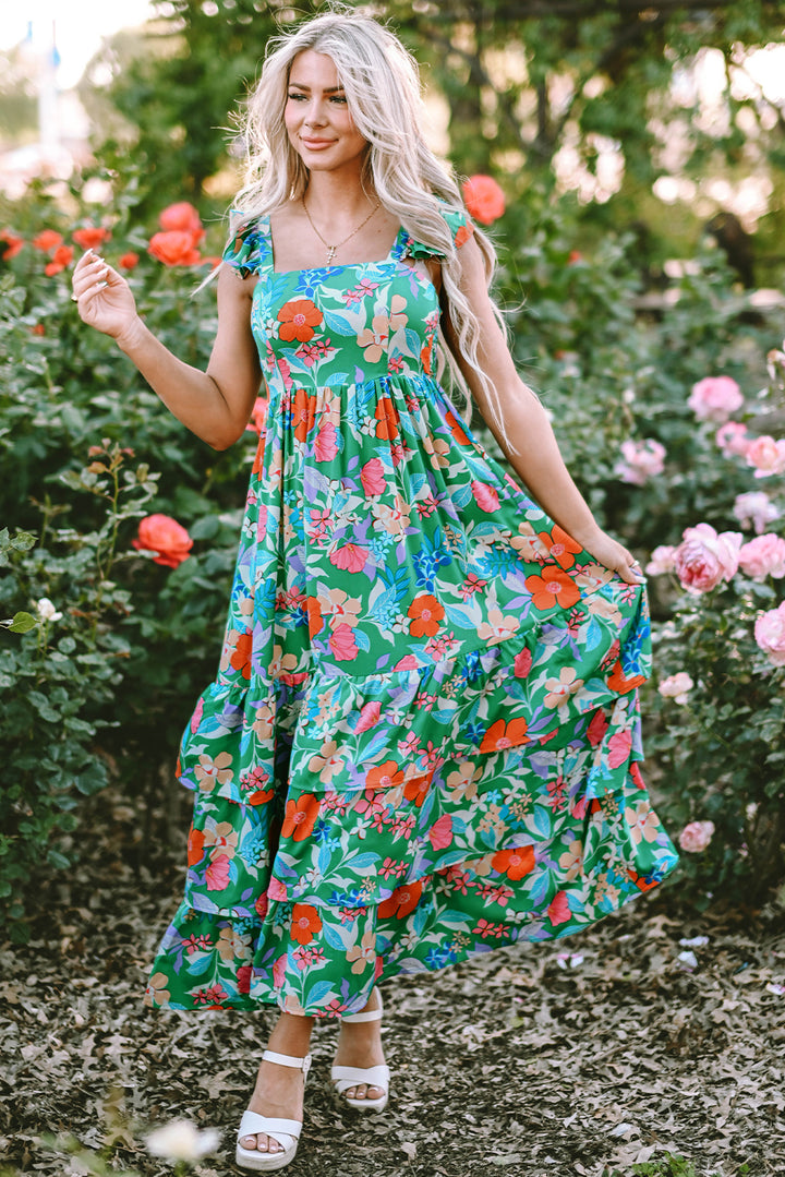 Pink Floral Print Sleeveless Ruffle Tiered Maxi Dress