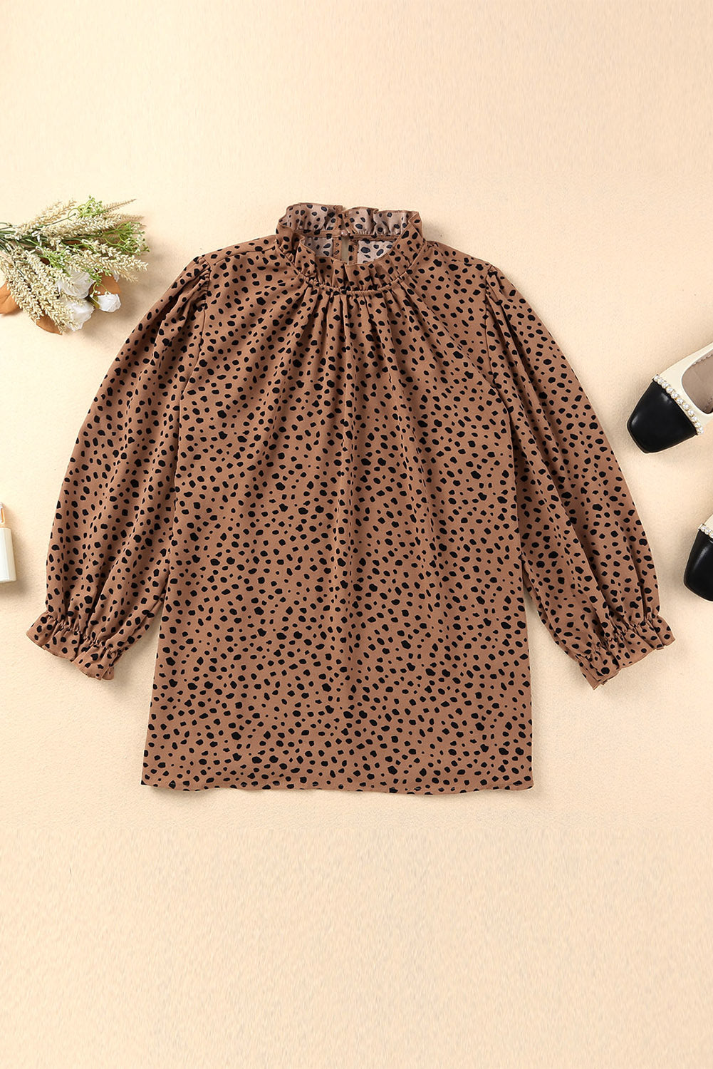 Khaki Frilled Neck 3/4 Sleeves Cheetah Blouse