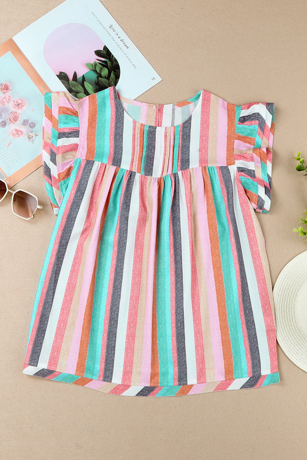 Rose Striped Tiered Ruffle Cap Sleeve Top