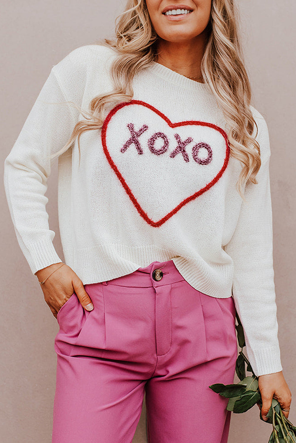 Rose Heart XOXO Pattern Drop Shoulder Rib Knit Sweater