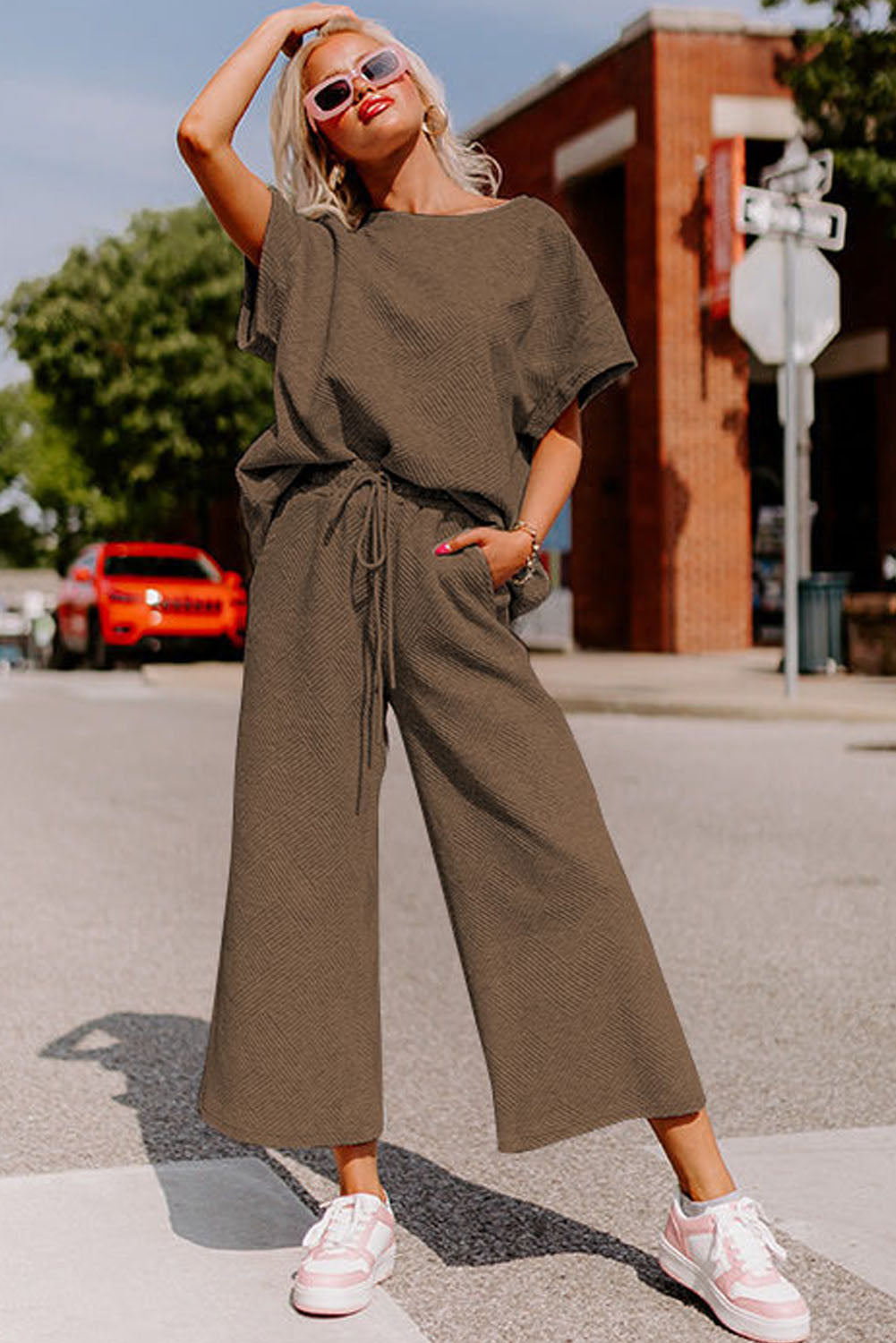 Dark Green Textured Loose Fit T Shirt and Drawstring Pants Set