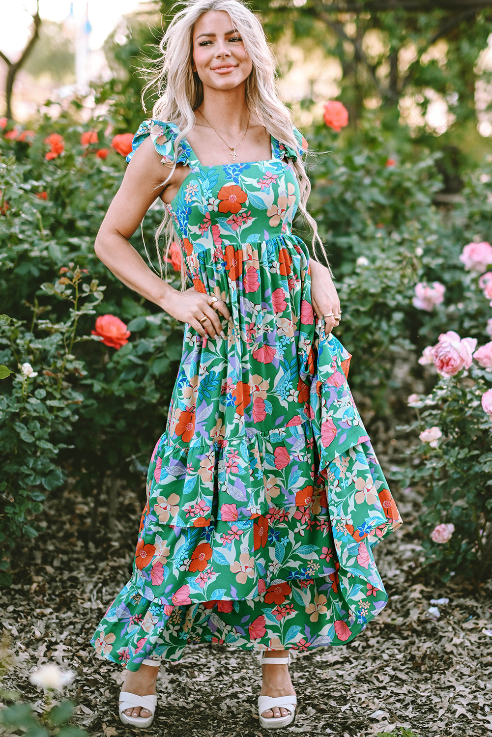 Pink Floral Print Sleeveless Ruffle Tiered Maxi Dress