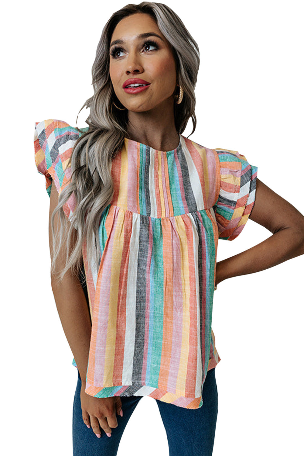 Rose Striped Tiered Ruffle Cap Sleeve Top