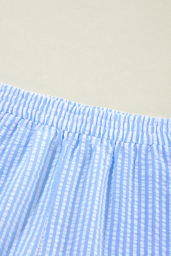 Sky Blue Stripe V Neck Bowknot Crop Tank and Shorts Set