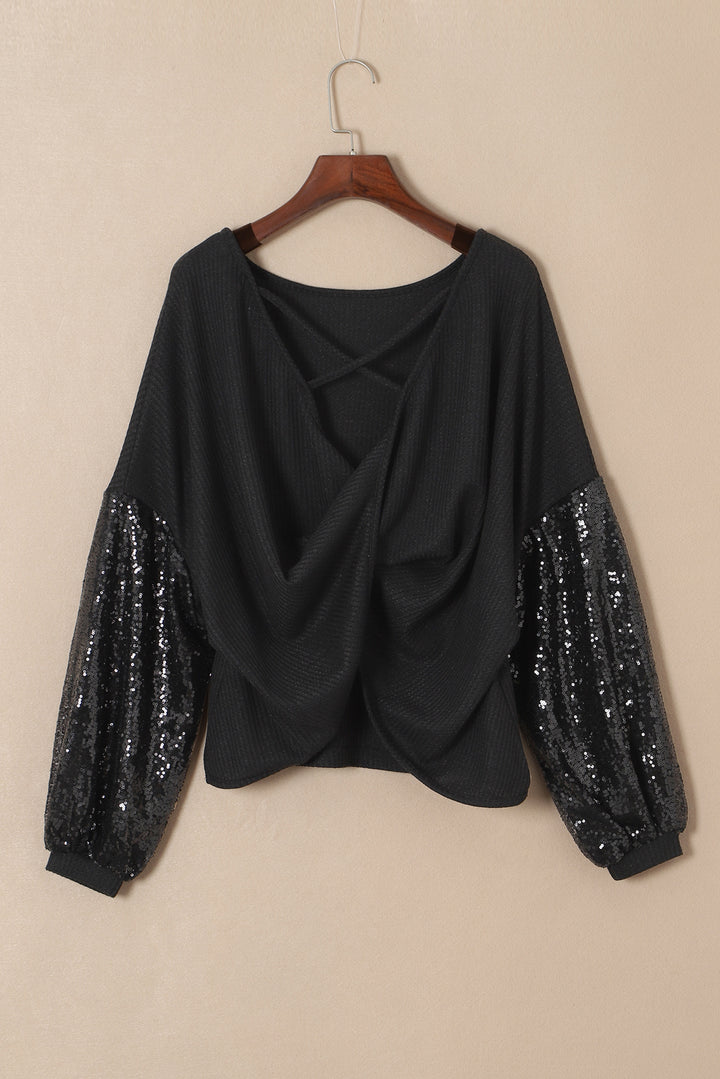 Black Sequin Patchwork Sleeve Open Back Waffle Knit Top