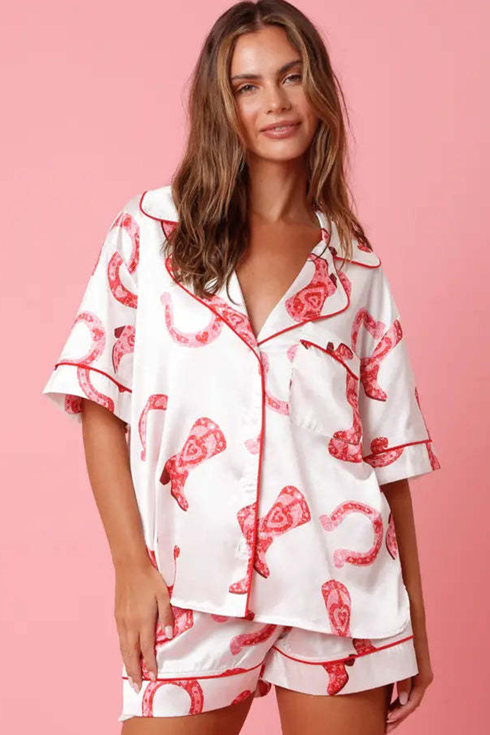 Pink Full Pattern Shirt and Shorts Satin Pajama Set