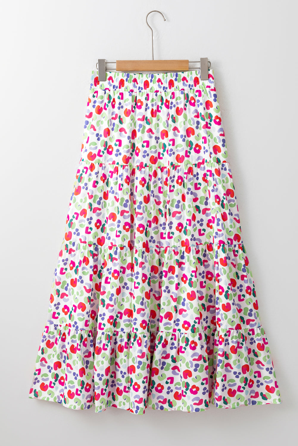 Pink Abstract Print Tiered Flowy Maxi Skirt