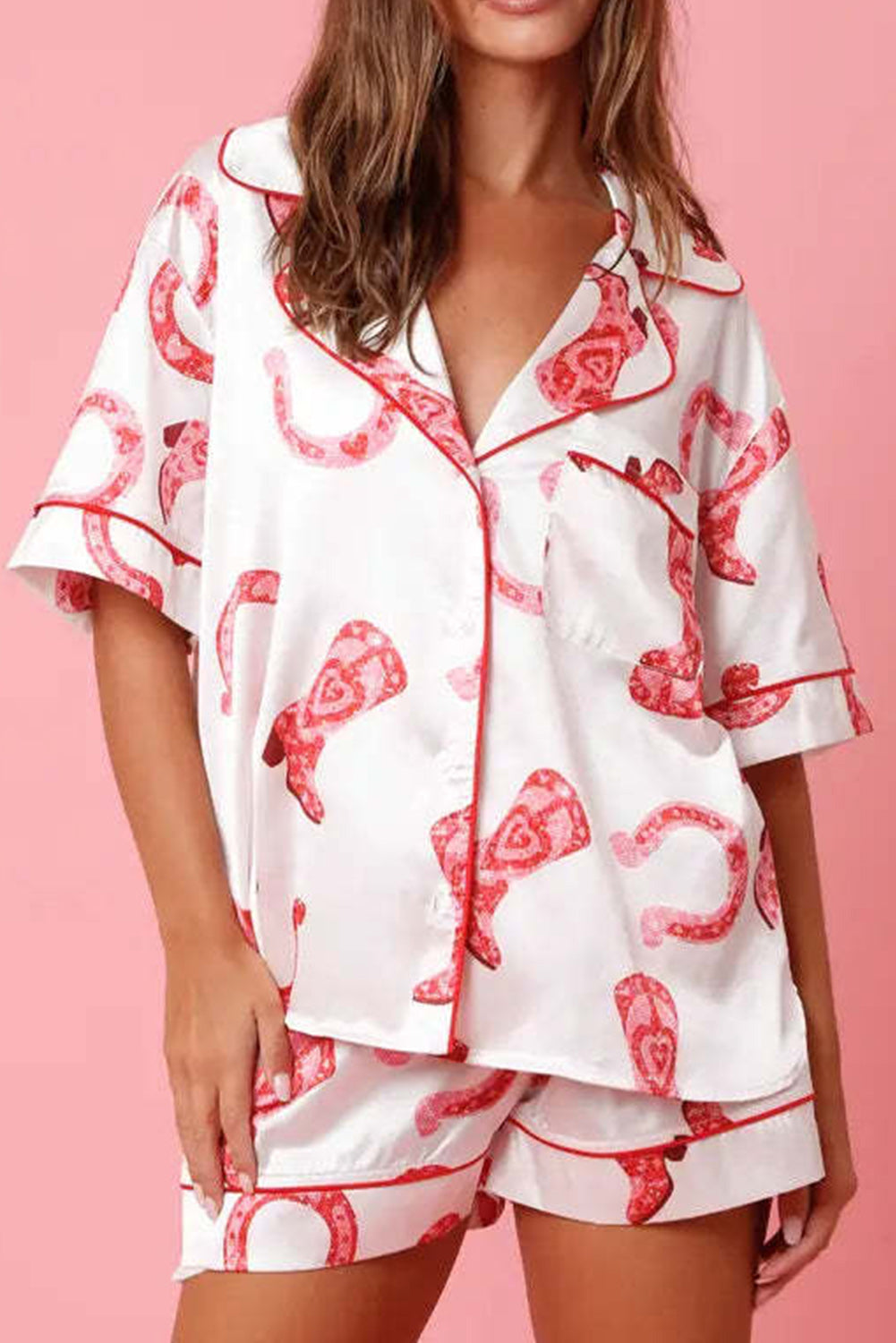 Pink Full Pattern Shirt and Shorts Satin Pajama Set