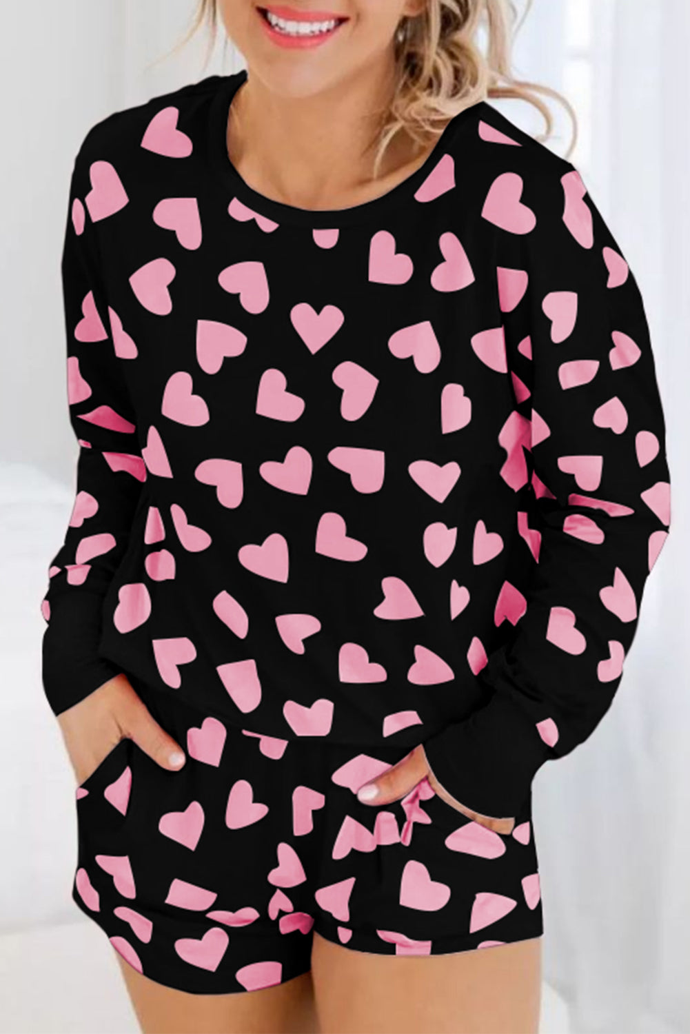 Pink Valentine Heart Shape Print Long Sleeve Top Shorts Lounge Set