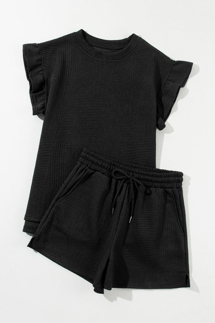 Dark Green Textured Ruffle Split Top and Drawstring Shorts