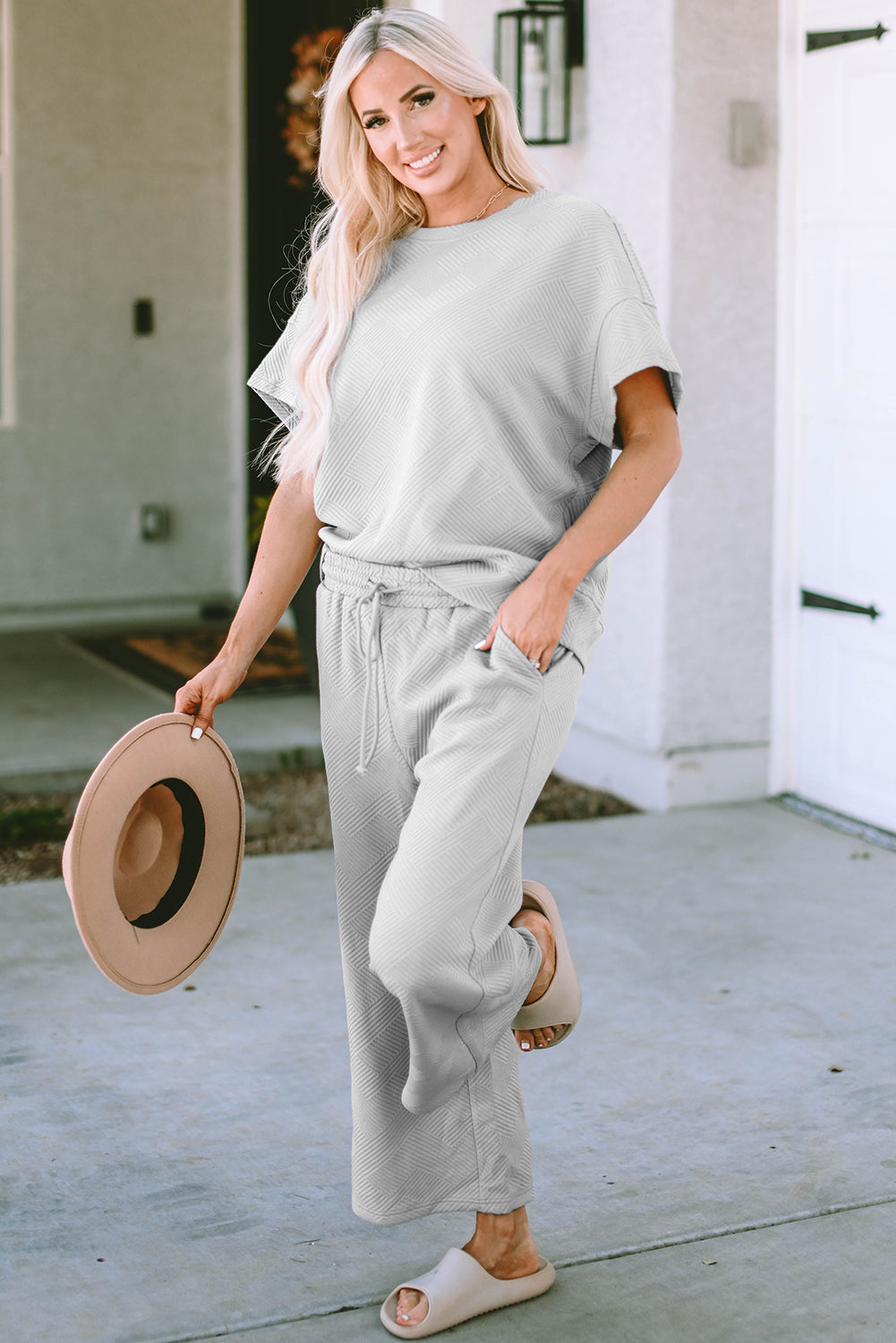 Dark Green Textured Loose Fit T Shirt and Drawstring Pants Set