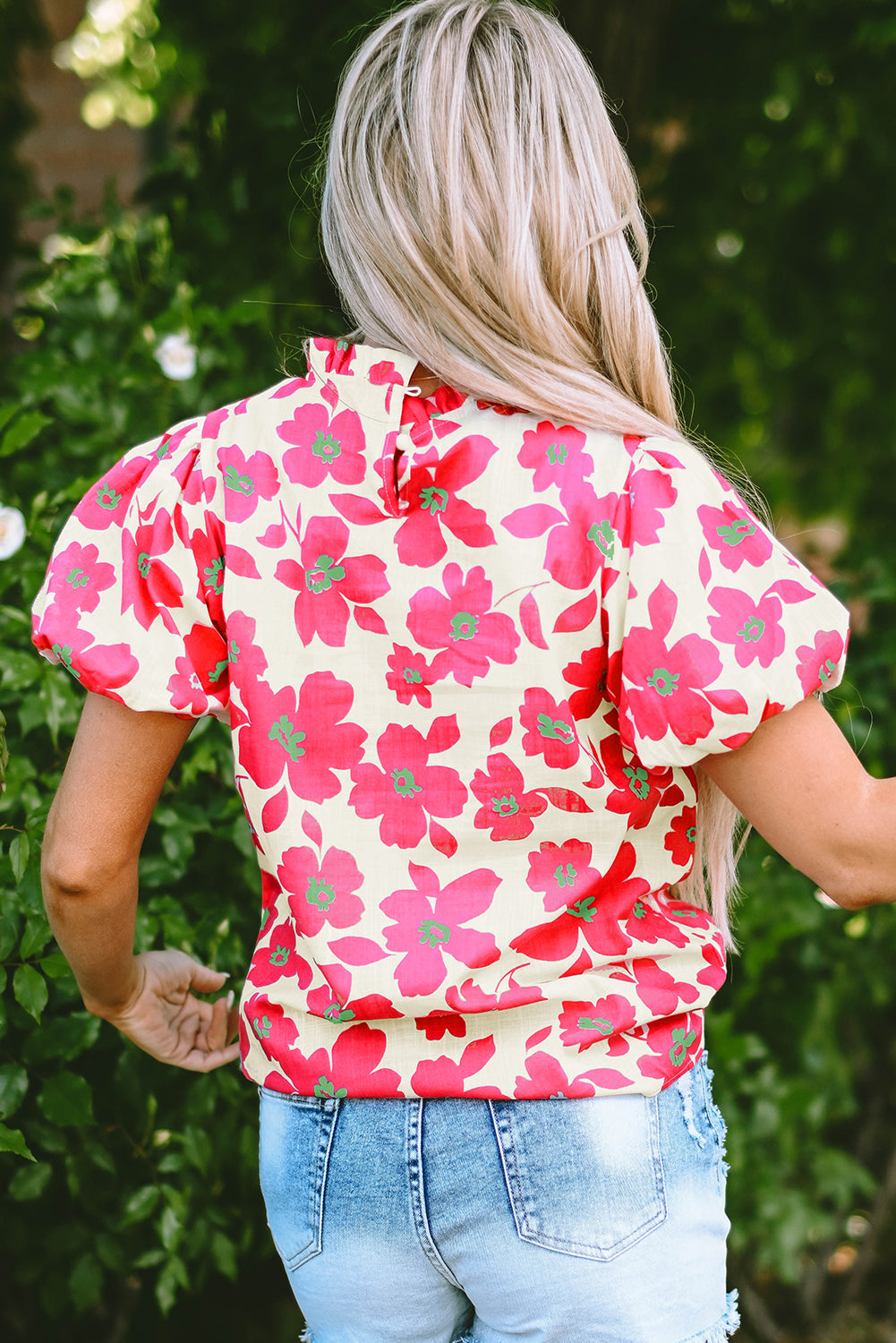 Green Floral Puff Sleeve Frilled Neckline Blouse