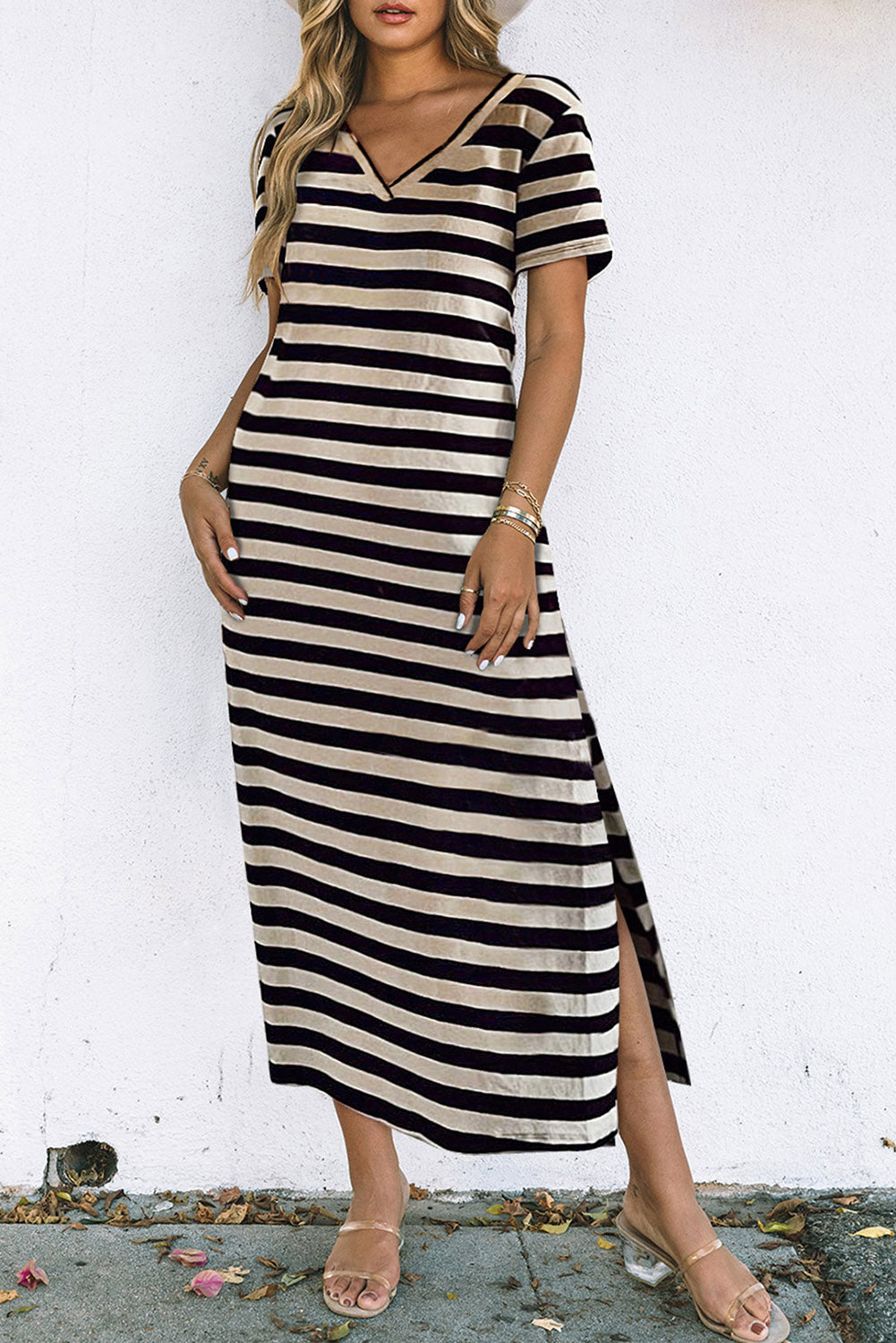 Blue Stripe Print V Neck Maxi Dress with Side Splits