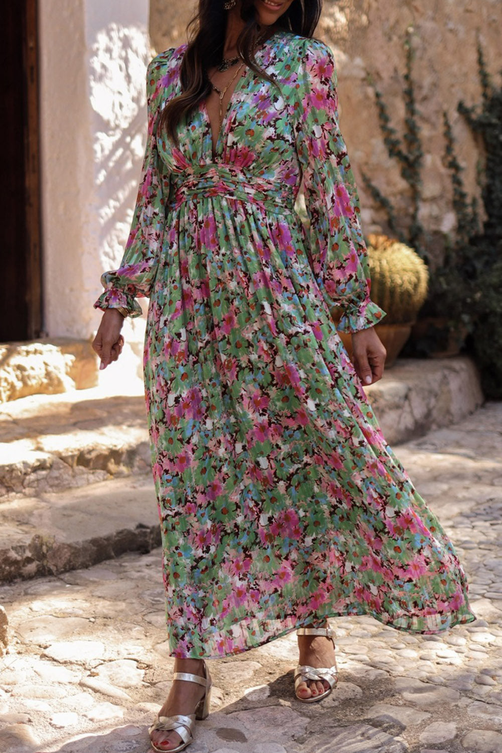 Green Floral Print Deep V Neck Ruched Cinched Waist Maxi Dress