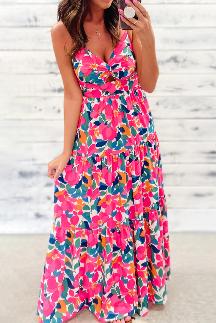 Rose Floral Twisted Smocked Back Tiered Maxi Dress