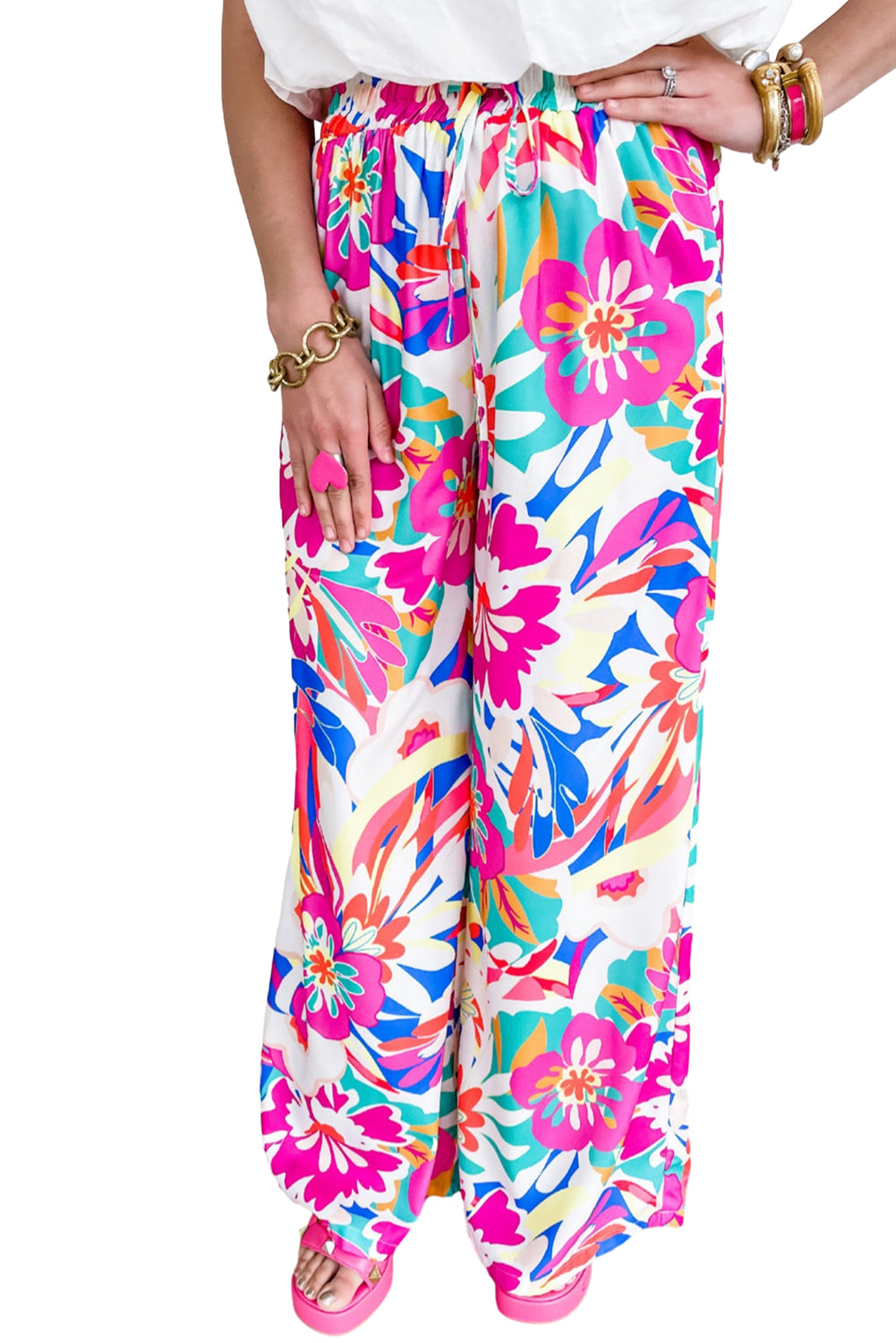 Rose Red Boho Flower Print Loose Wide Leg Pants