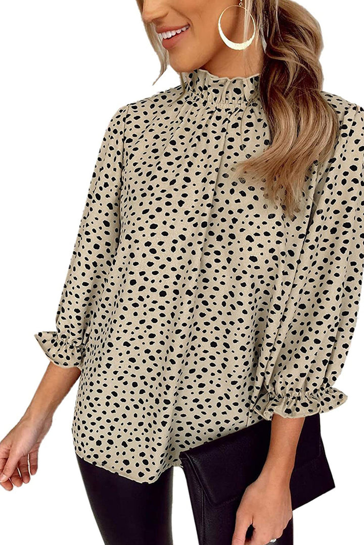 Khaki Frilled Neck 3/4 Sleeves Cheetah Blouse