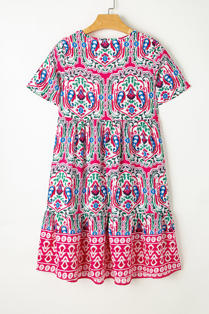 Pink Bohemian Print Tie Neck Ruffle Hem Short Dress