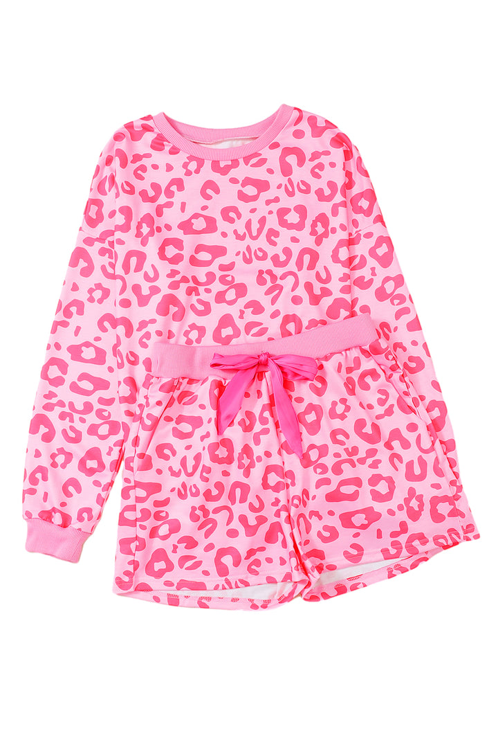 Pink Leopard Long Sleeve Satin Tie Shorts Two Piece Set