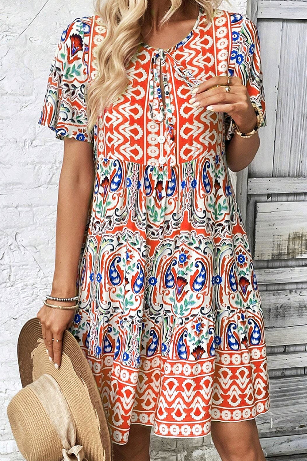 Sky Blue Bohemian Print Tie Neck Ruffle Hem Short Dress