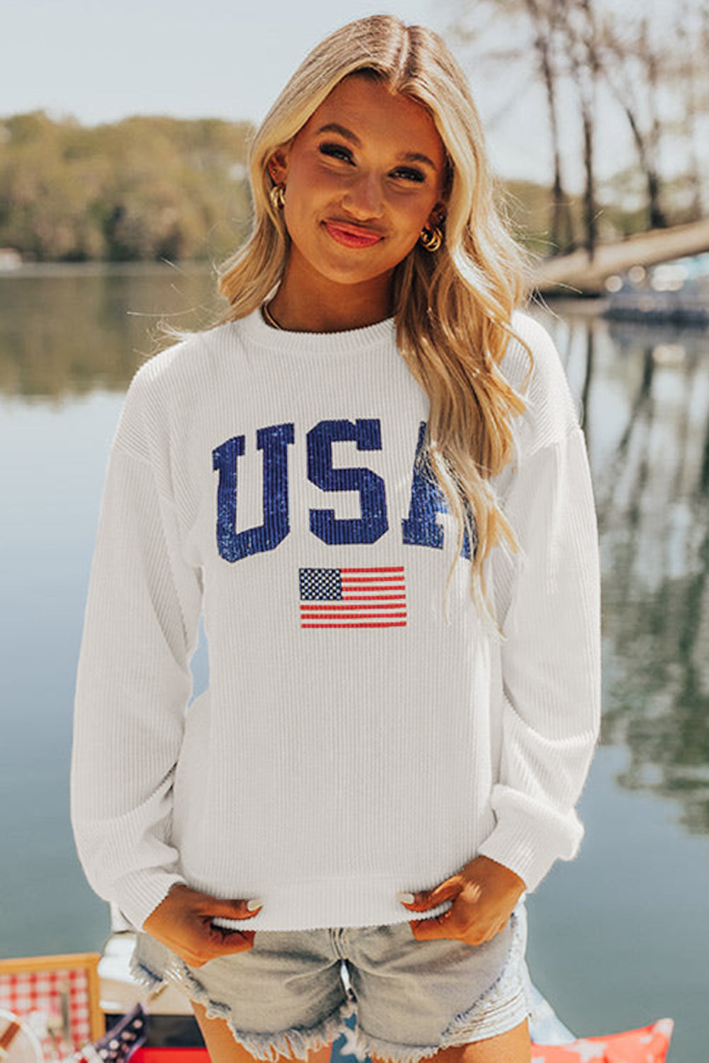 White USA Flag Corded Graphic Sweatshirt