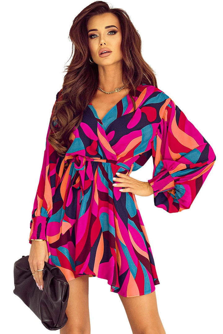 Multicolor Abstract Printed Belted Puff Sleeve Mini Dress