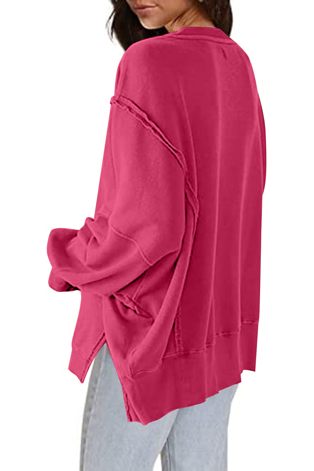 Rose Exposed Seam Drop Shoulder Slit High Low Hem Sweatshirt