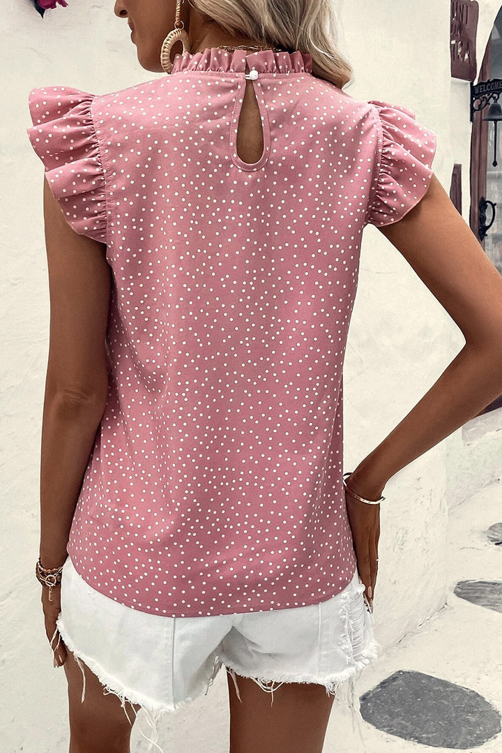 Pink Polka Dots Ruffle Flutter Sleeve Frilled Neck Blouse