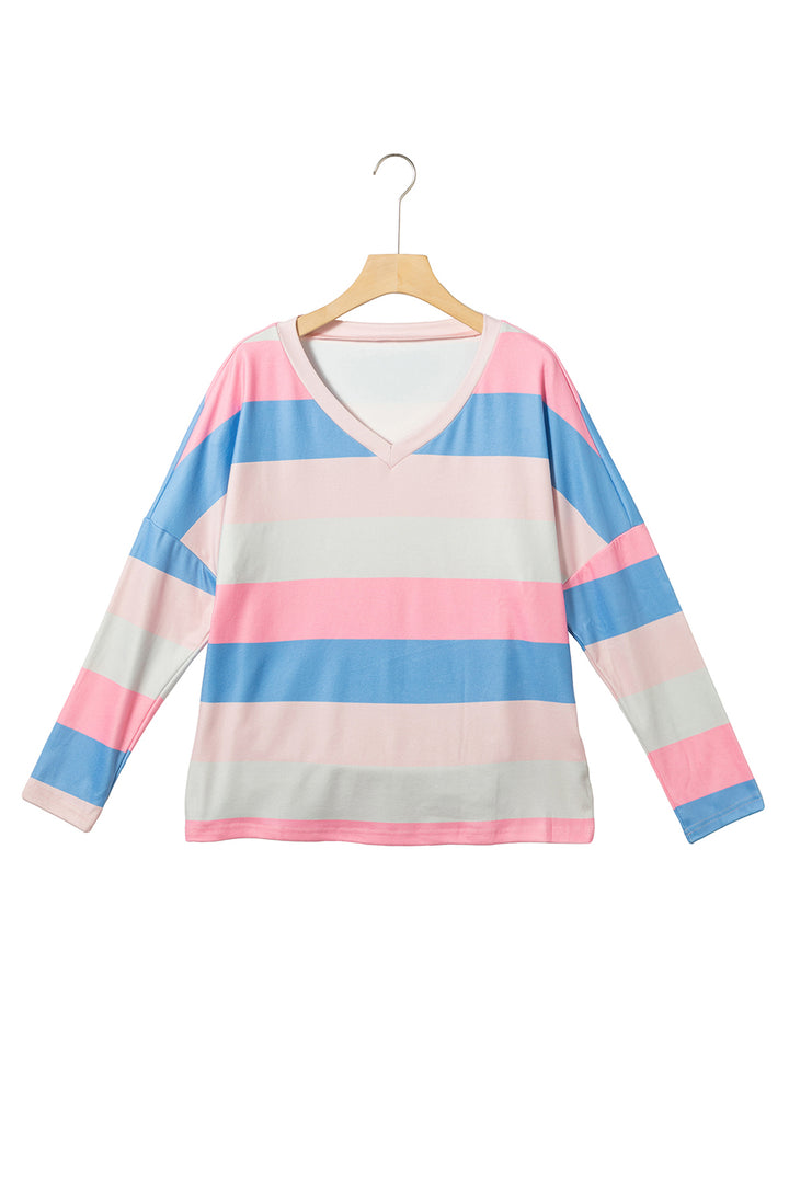 Pink Contrast Striped V Neck Long Sleeve Top